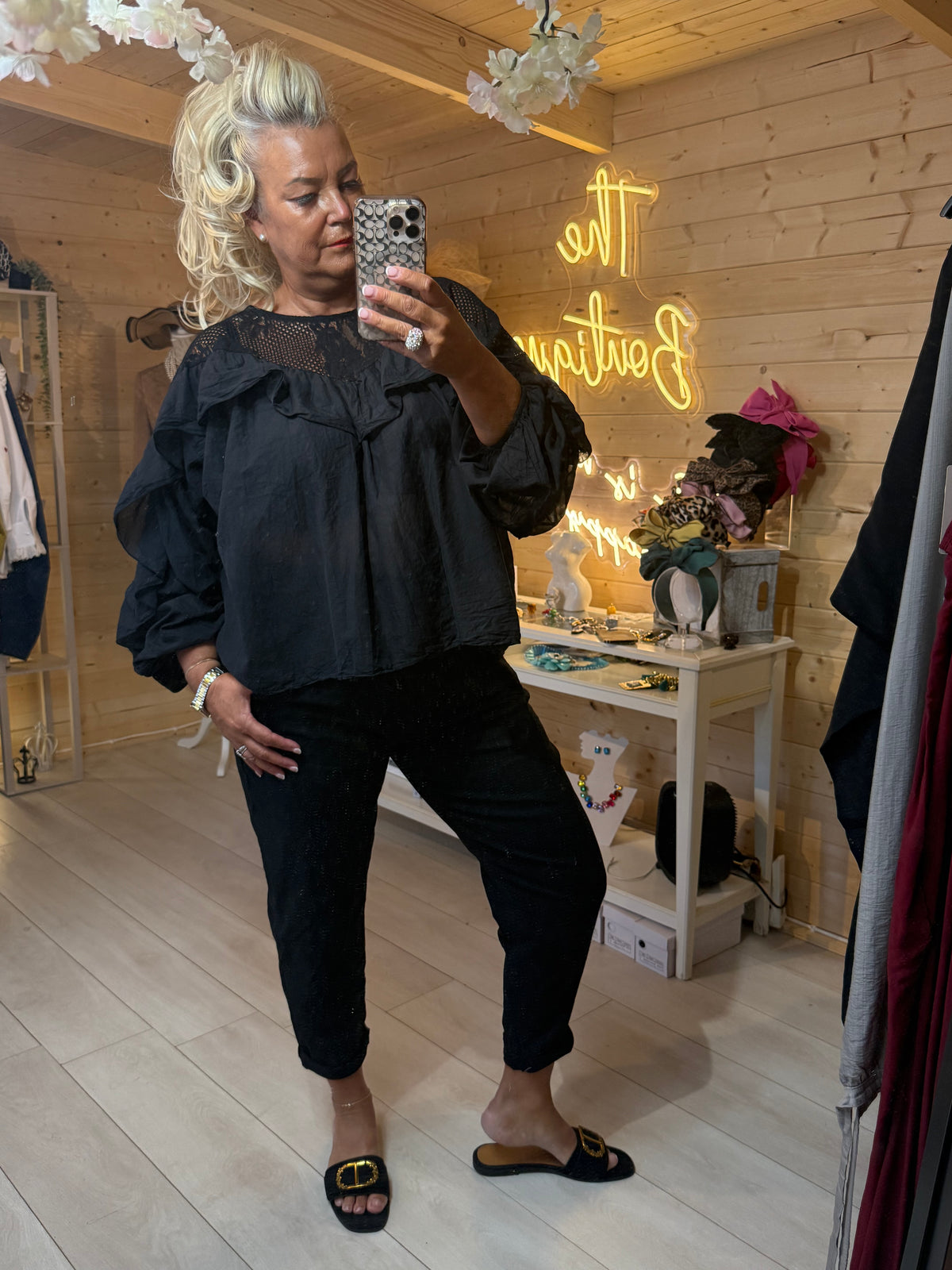 Lola black ruffle lace blouse full length mirror selfie with Black Magic Trousers and chain slides