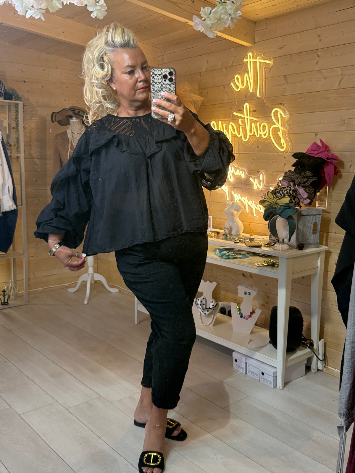 Lola black ruffle lace blouse mirror selfie close up showing crochet neckline and double ruffle detail
