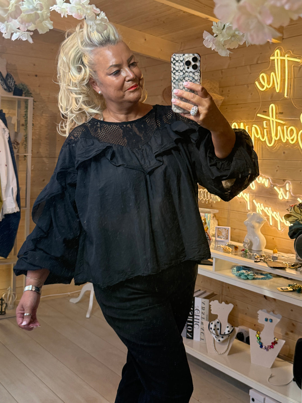 Lola black ruffle lace blouse close up upper body showing crochet yoke and puff sleeves