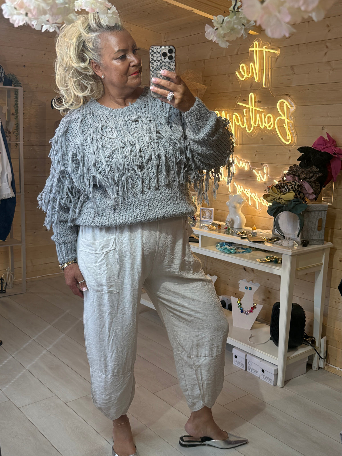 Tassle fringe knit jumper full length mirror selfie with silver magic trousers and silver pointed mules
