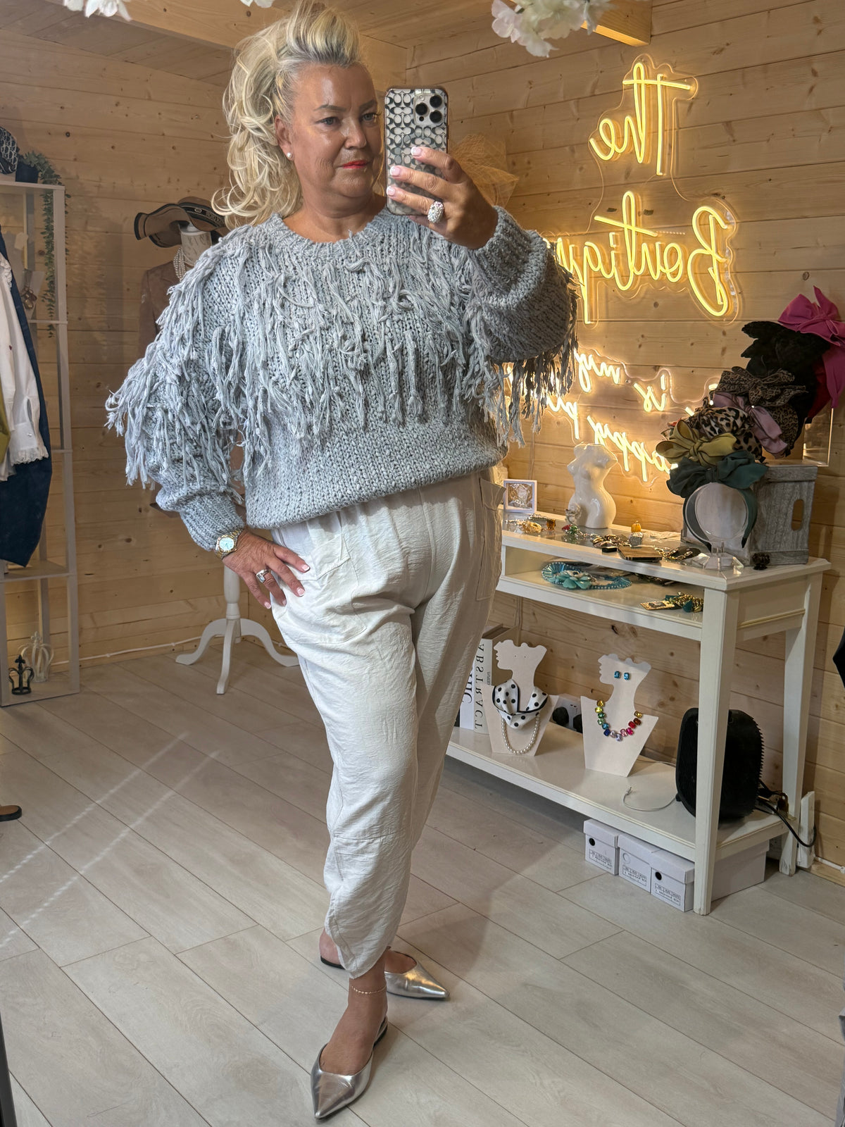 Tassle silver grey tassel jumper full length mirror selfie with silver magic trousers and silver flat mules
