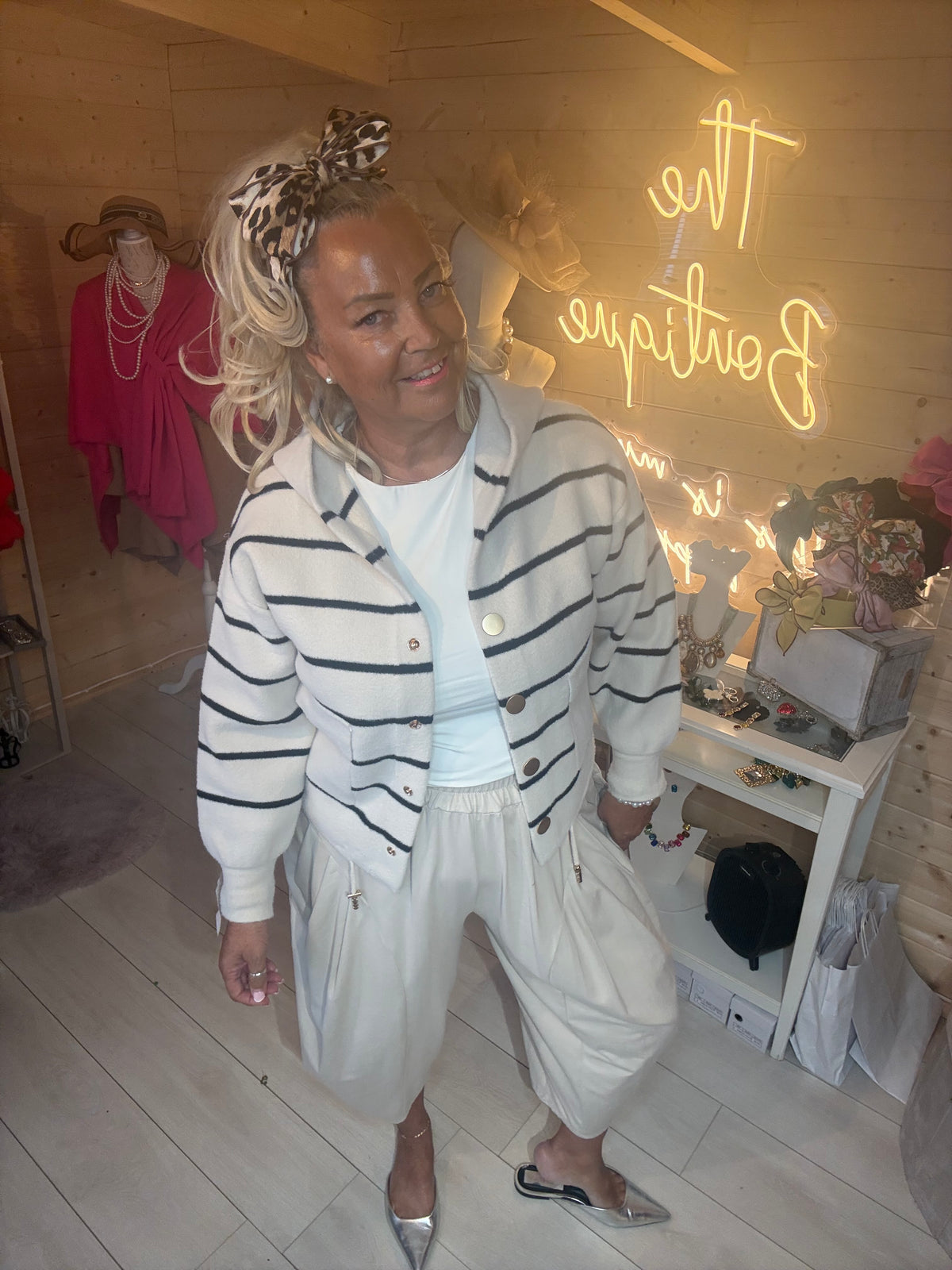 Marina hooded cardigan in cream/black stripe with gold press buttons, one size 8-18