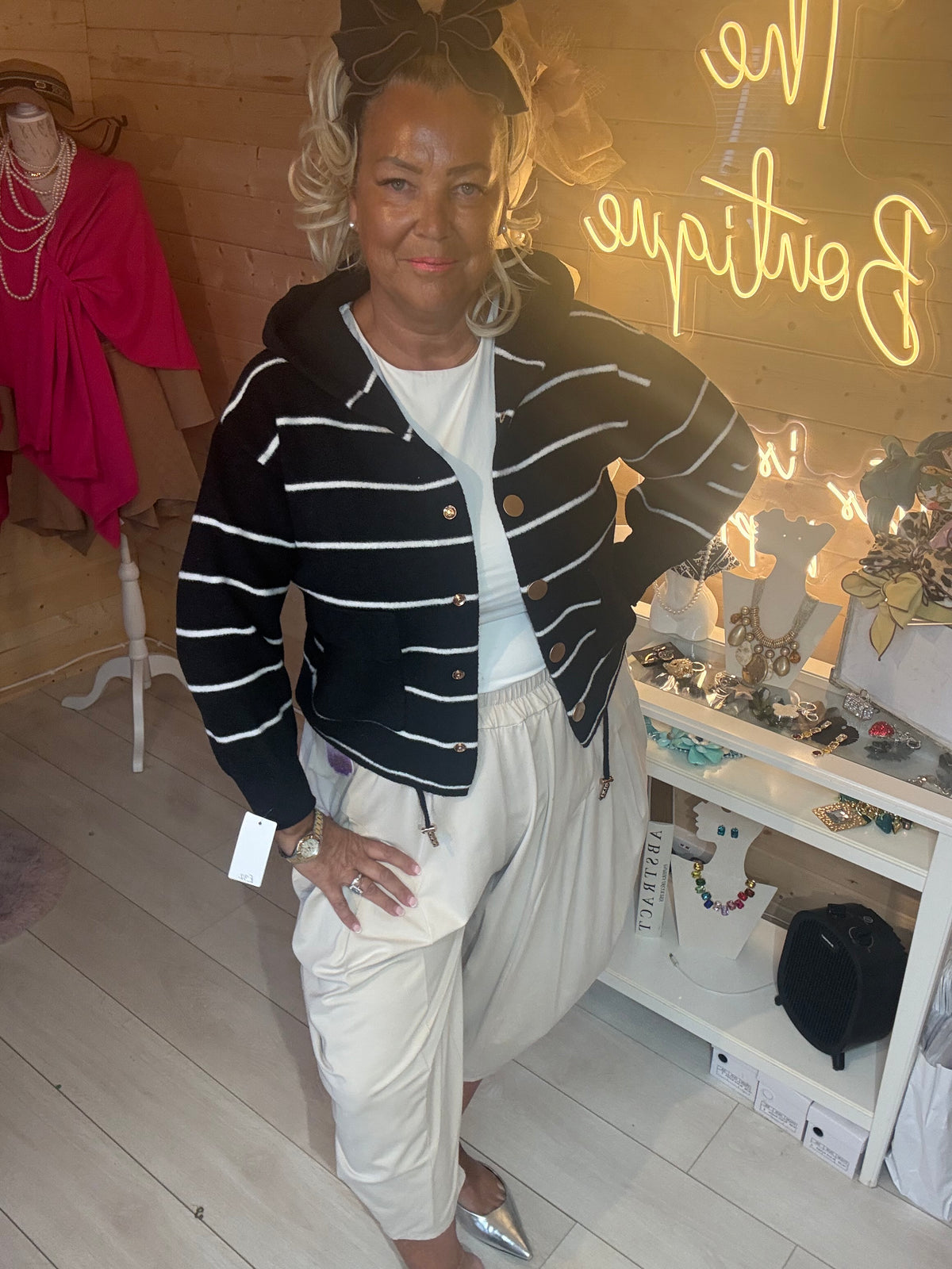 Marina hooded cardigan in cream/black stripe with hood up, one size 8-18