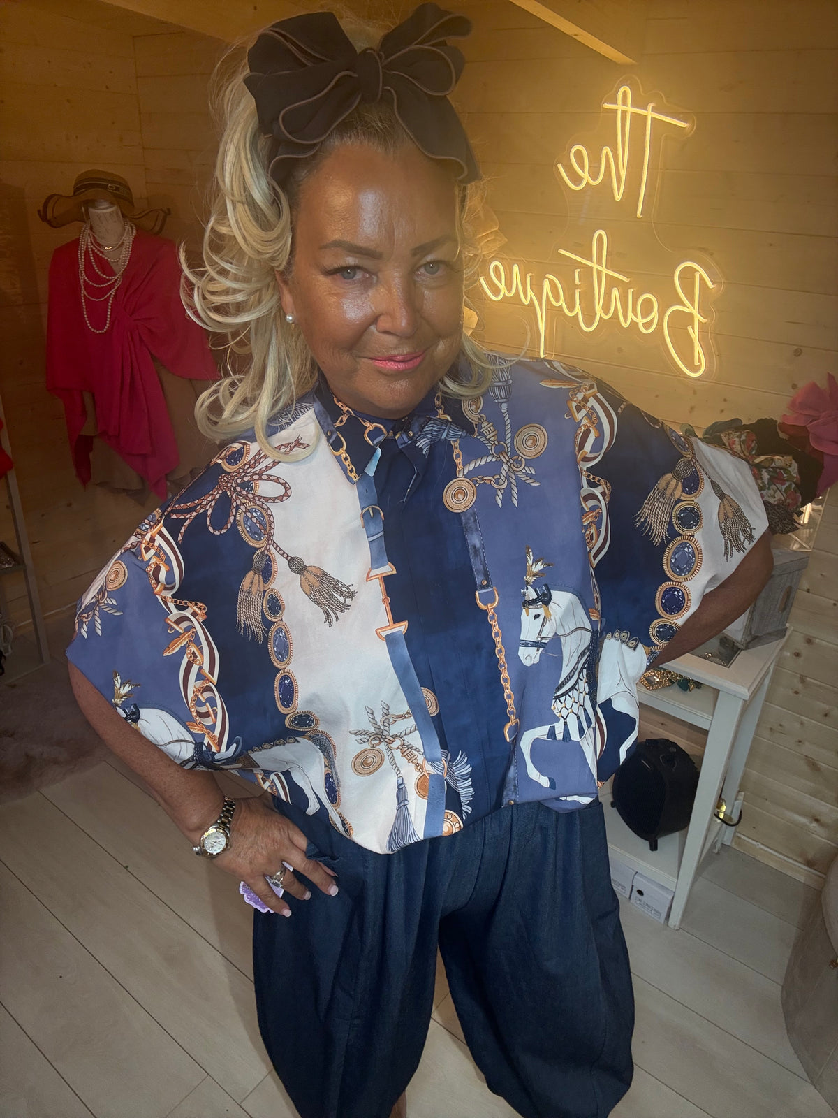 Lucia equestrian print shirt, close-up front view, one size 8-18