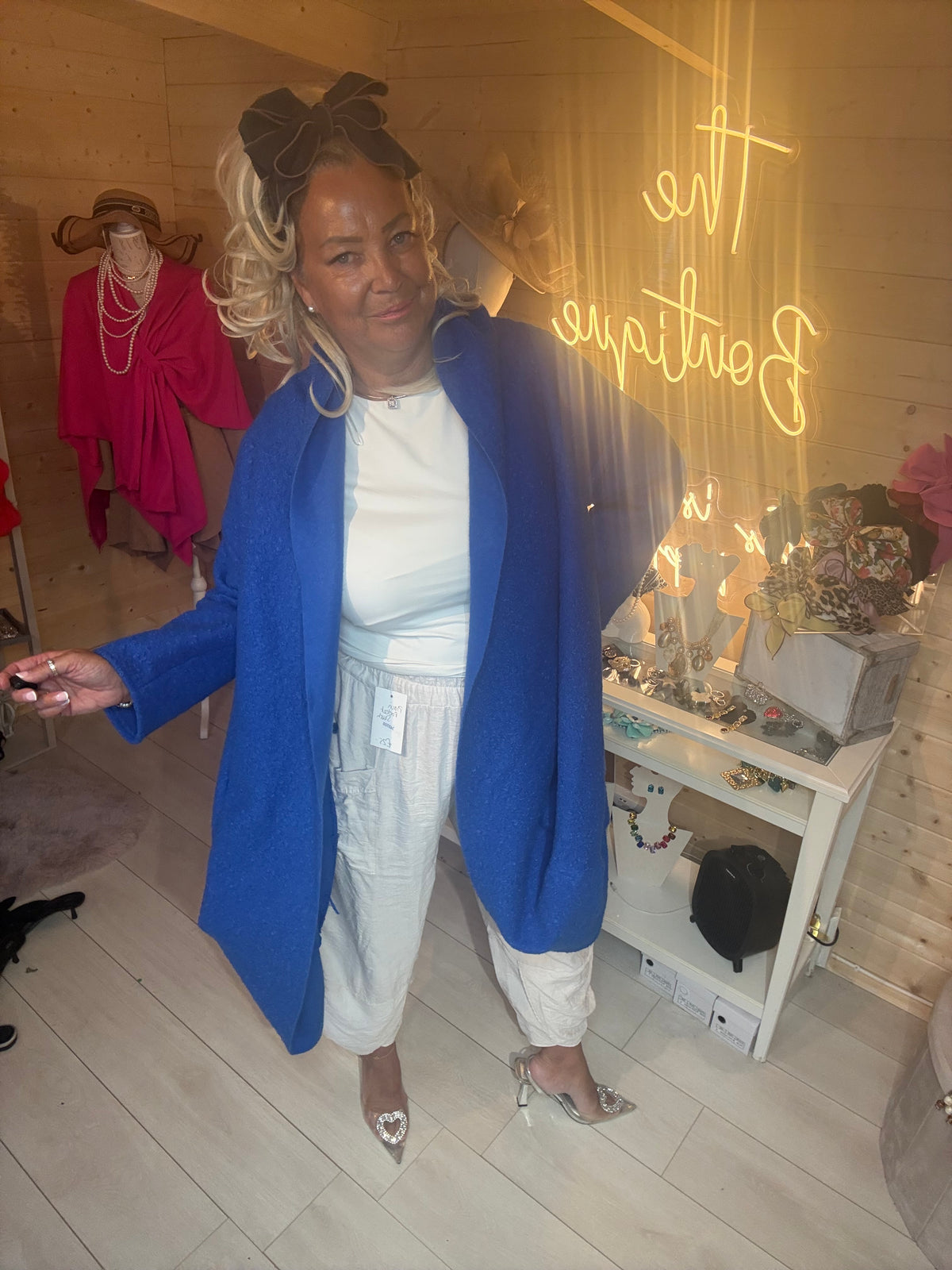 Cascade oversized coat in electric blue, front view, one size 8-22