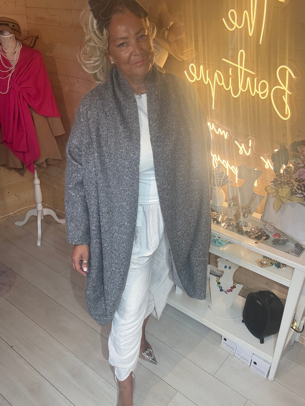 Cascade oversized coat in electric blue, styled with white trousers, one size 8-22