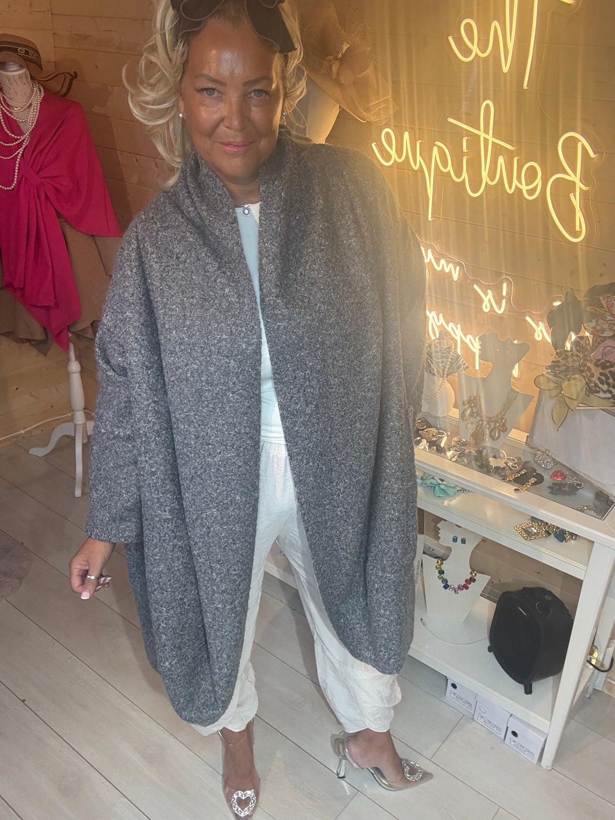 Cascade oversized coat in electric blue, full length view, one size 8-22
