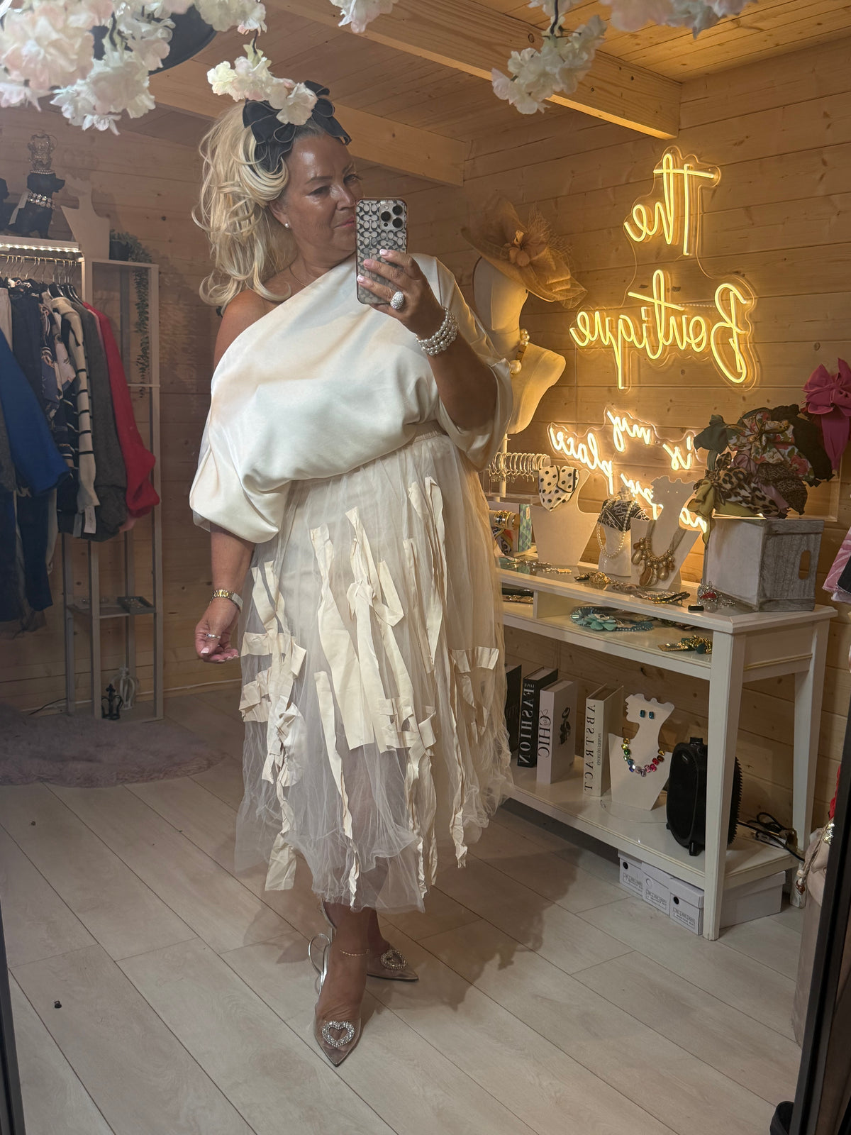 Willow cream tulle midi skirt, front view, one size 8-16