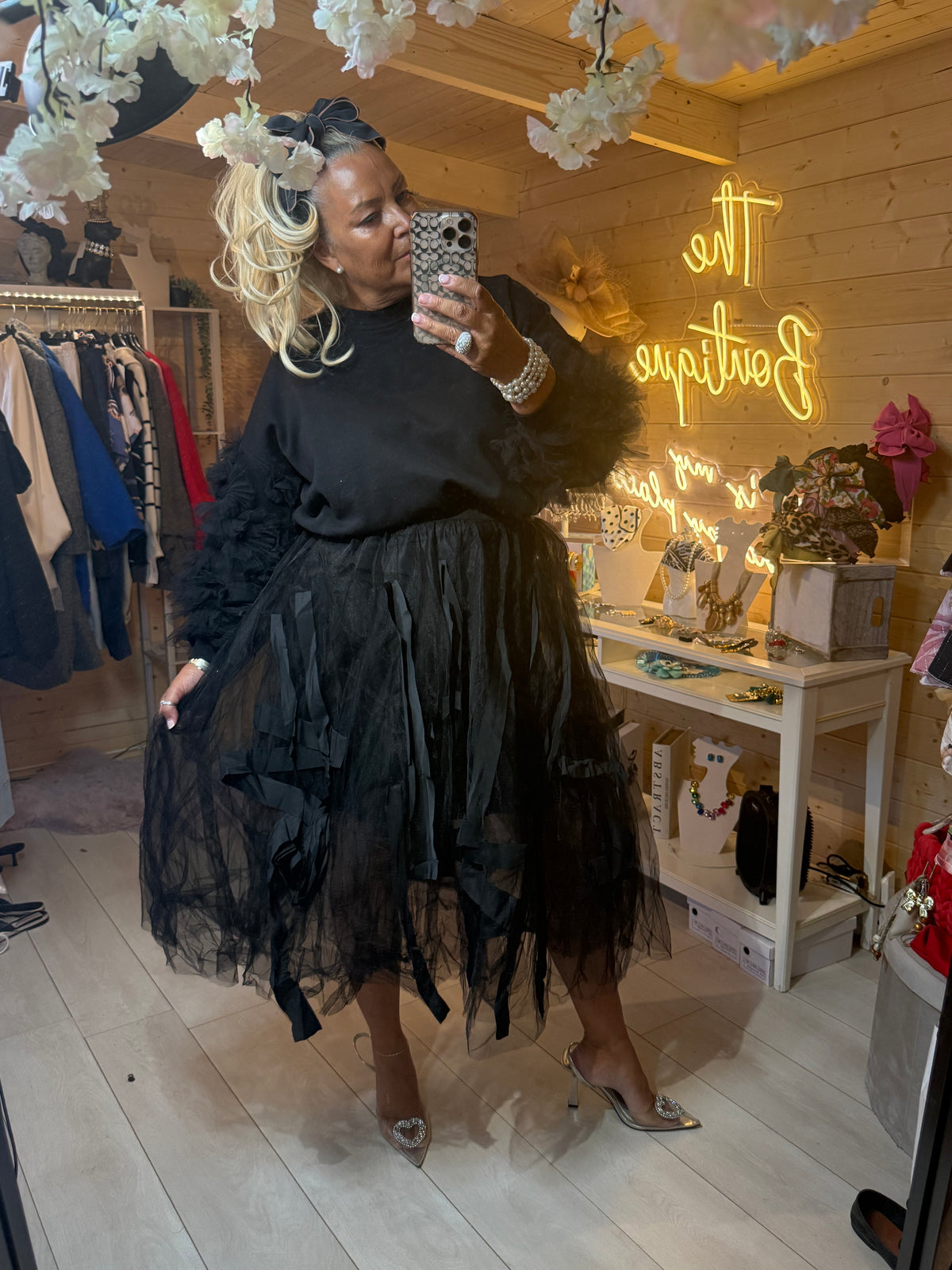 Willow black tulle midi skirt styled with black jumper, one size 8-16