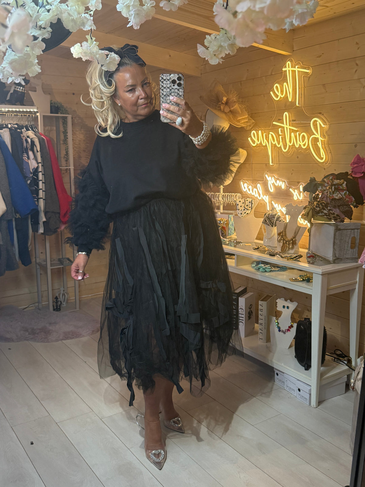 Willow black tulle midi skirt, full length view, one size 8-16