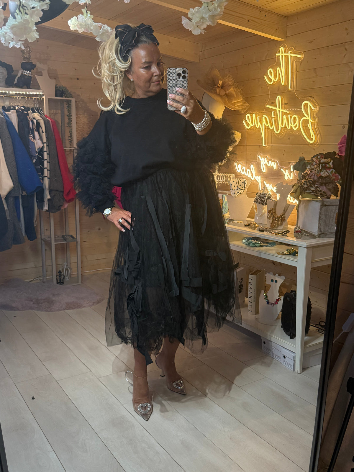 Raven black ruffle sleeve jumper, one size 8-18