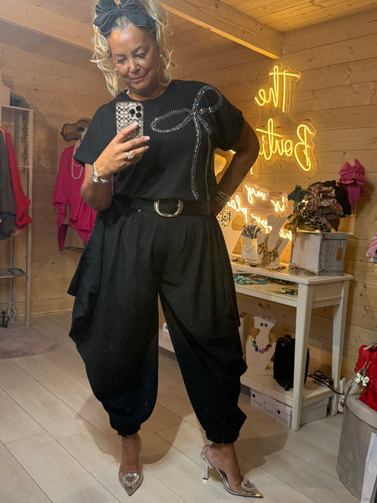 Harlow black harem trousers, one size 8-16, styled with bow t-shirt