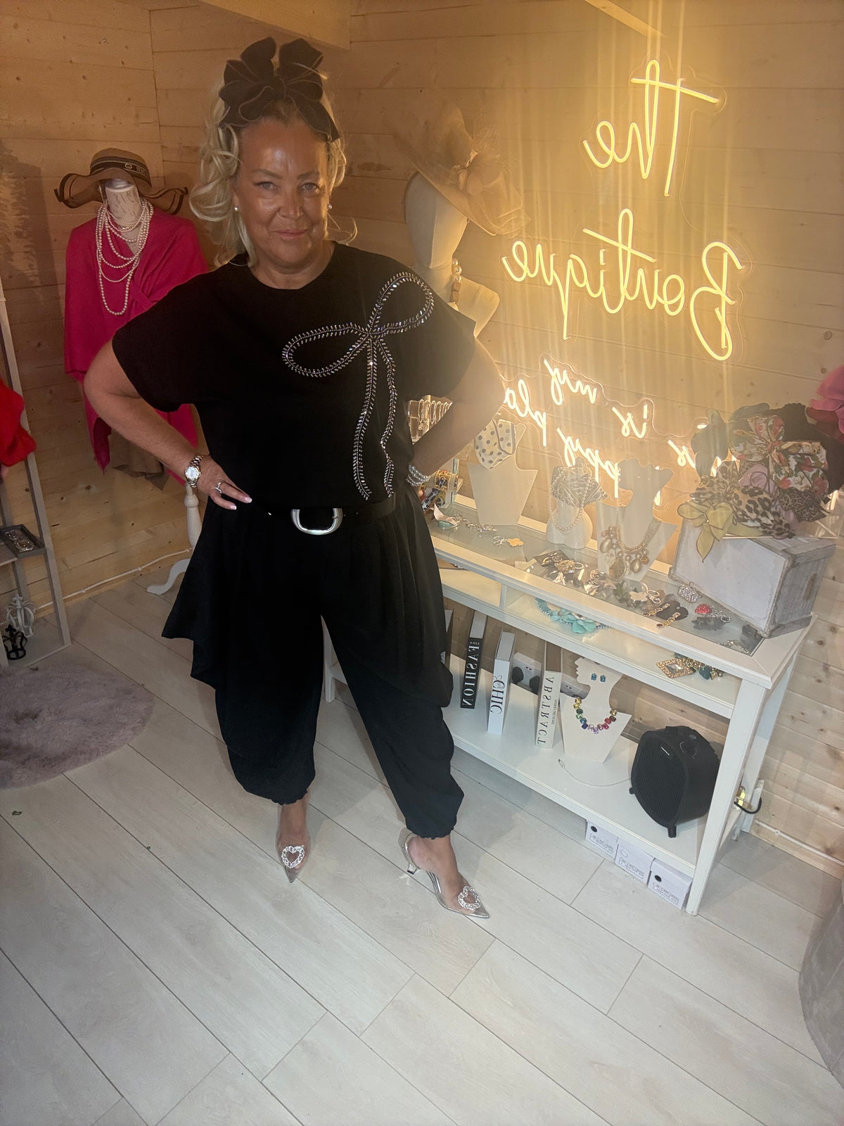 Harlow black harem trousers, one size 8-16, full length view