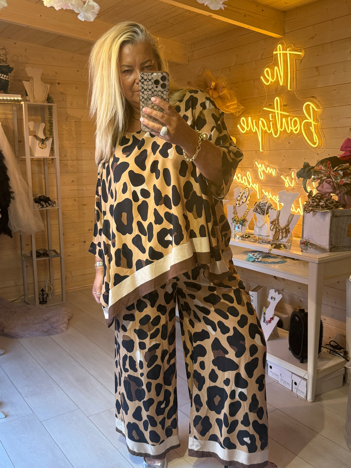 Kenya leopard print trousers, side view styled with Savannah top