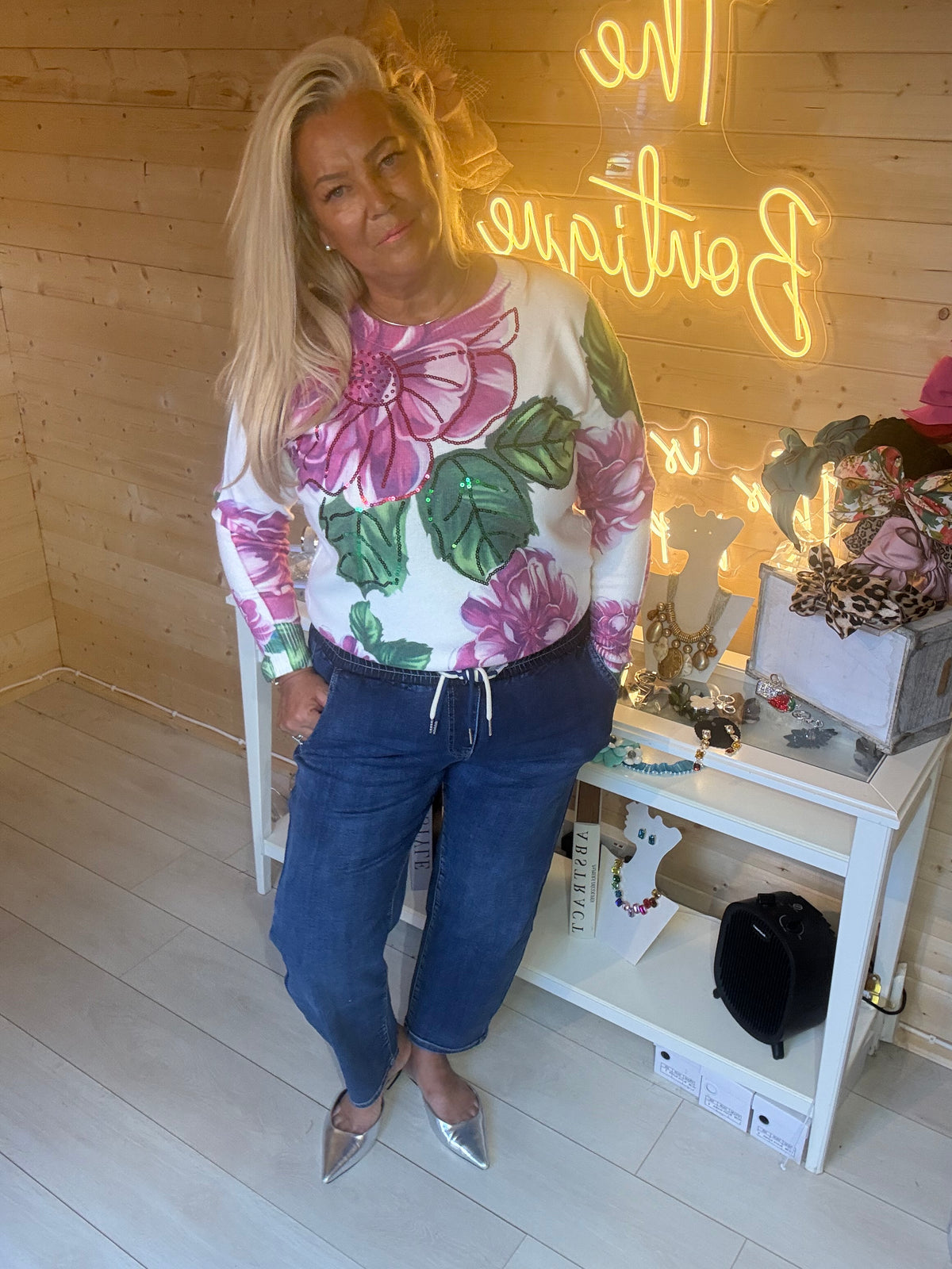 Rosa floral sequin jumper, close-up front detail