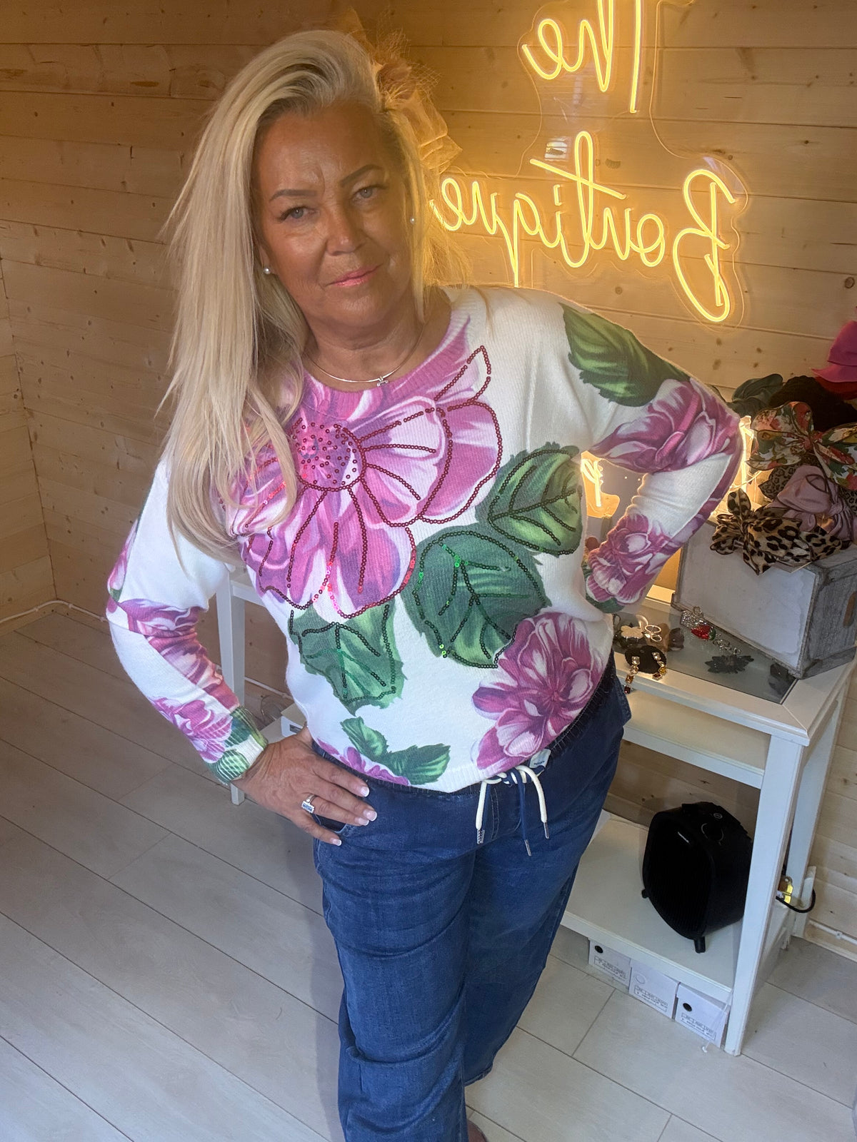 Rosa floral sequin jumper, close-up of sequin floral detail