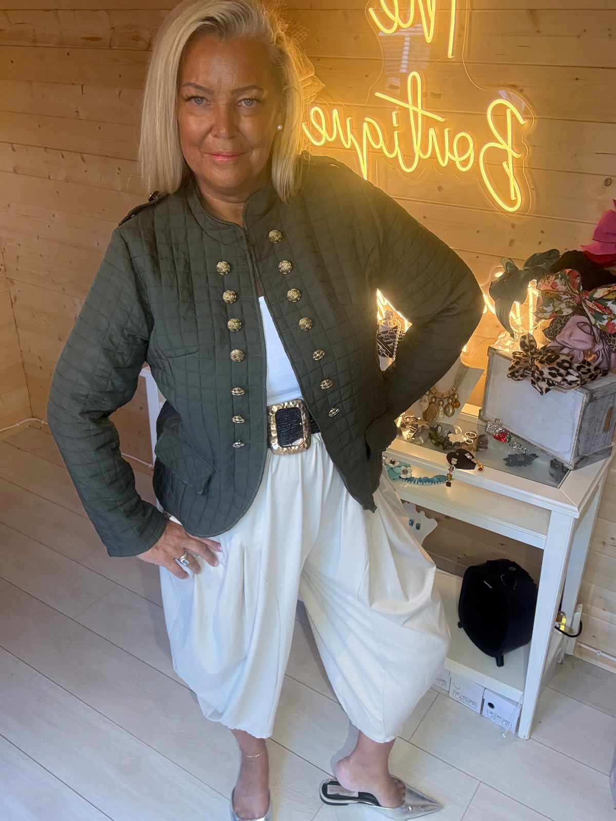 Vienna stone quilted military jacket, full length styled outfit