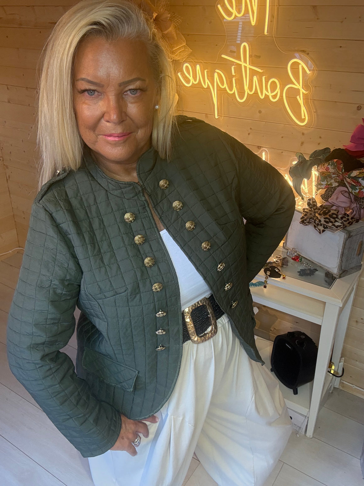 Vienna stone quilted military jacket, front view close up