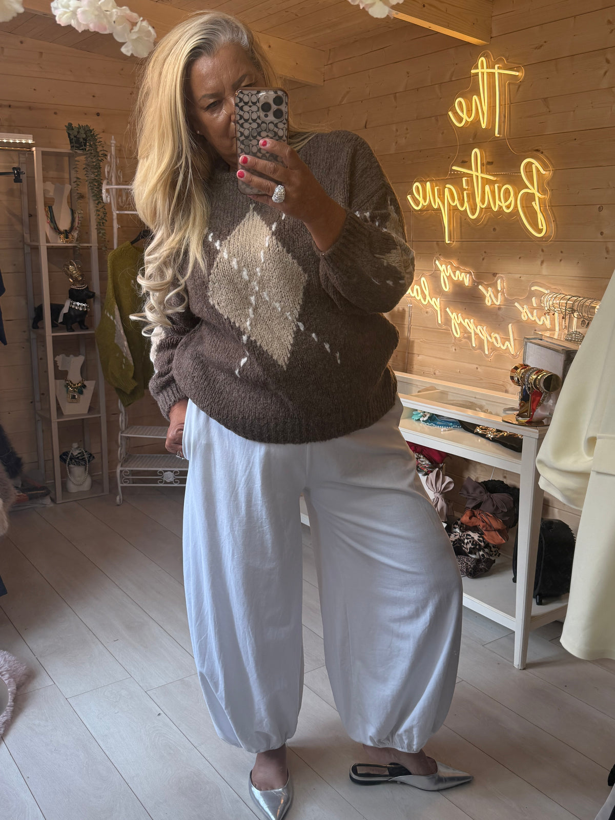 Lucca Taupe jumper showing long sleeves and contrasting front diamond pattern