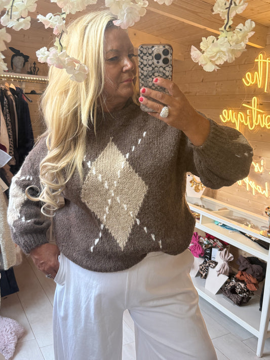 Lucca women's diamond knit jumper in Taupe, styled with light trousers