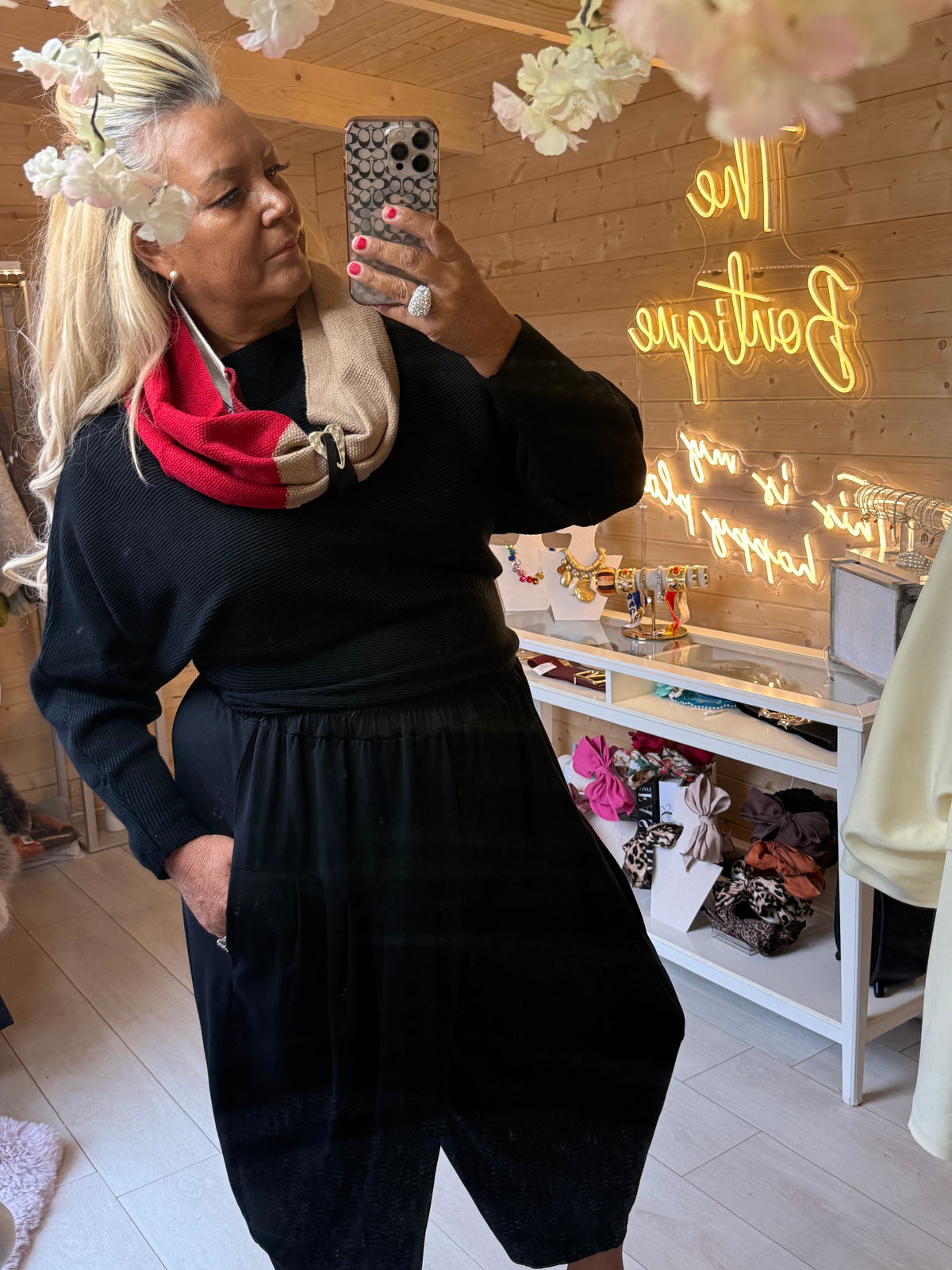 Asti Black batwing jumper with narrower cuffs, styled with a scarf sold separately