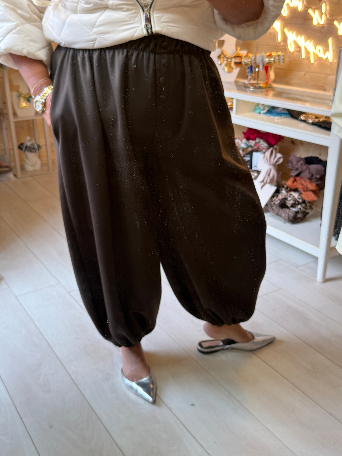 Lodi Brown balloon trousers styled with the Como cream jacket, sold separately