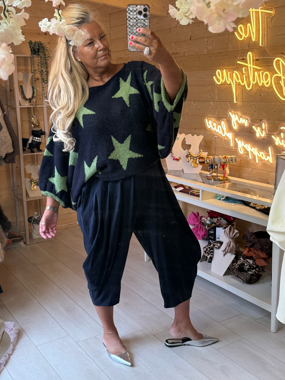 Vega star knit jumper styled with existing Plain Slouch Trousers and pointed flats