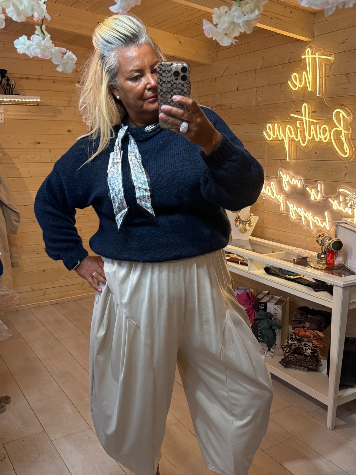 Arden navy knit jumper long-sleeve outfit view