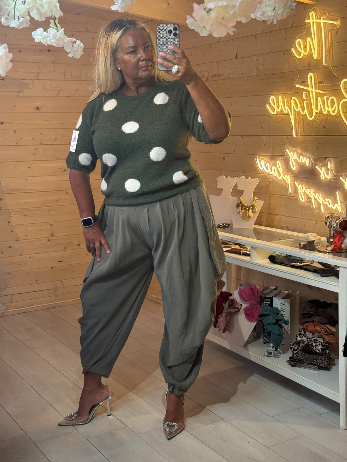 Khaki green Darcy polka dot short sleeve jumper with slouch trousers