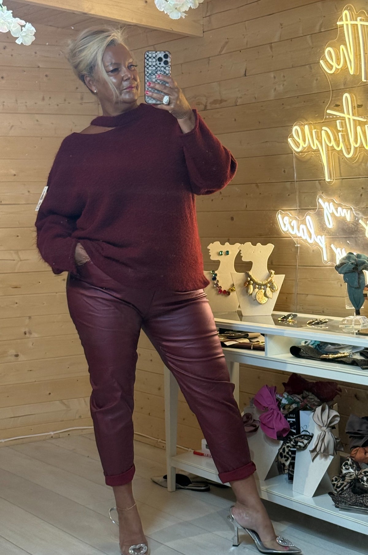 Mira burgundy soft knit jumper with integrated choker-style neckline, long sleeves and relaxed fit
