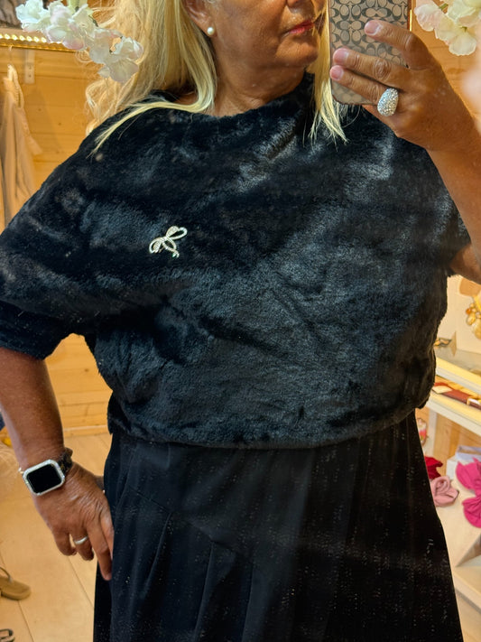 Black Orla faux fur textured short sleeve jumper with removable diamante bow brooch, close-up