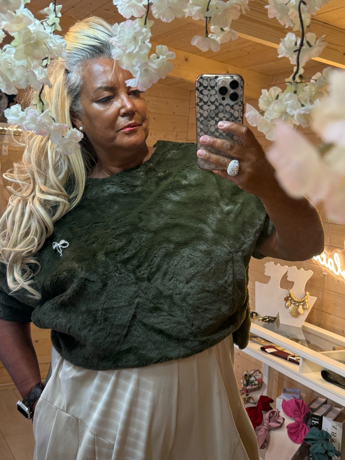 Khaki green plush textured jumper with detachable diamante bow brooch detail