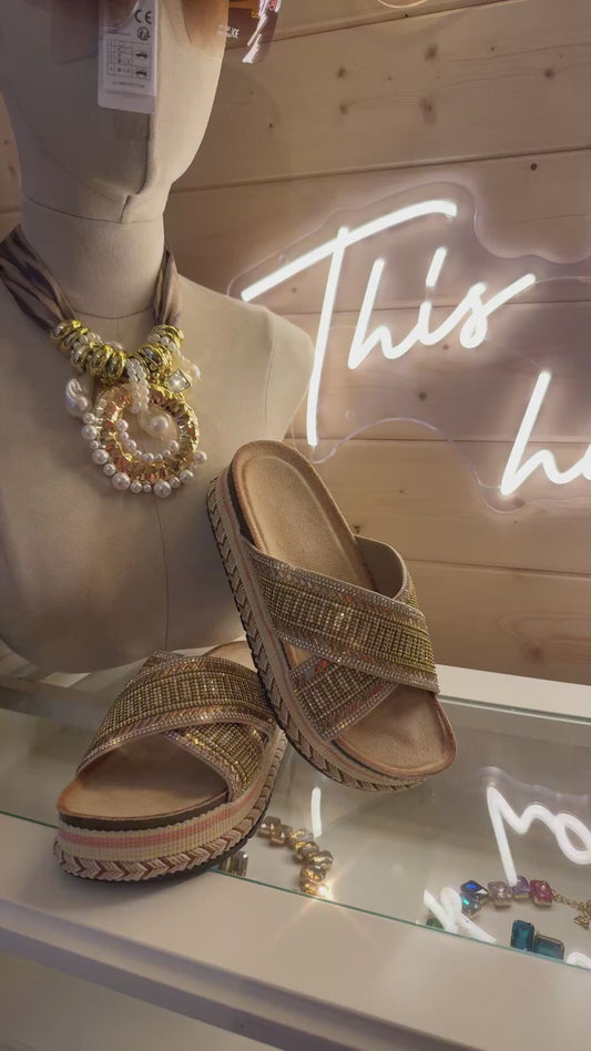 Golden Glow Embellished Platform Mules