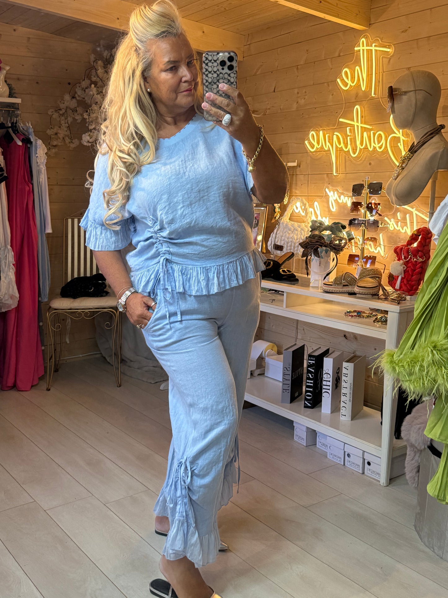 Sky Shimmer Ruffle Hem Linen Trousers | One Size 8-16 (Small 18)