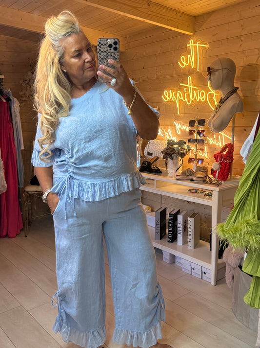 Sky Shimmer Ruffle Hem Linen Trousers | One Size 8-16 (Small 18)