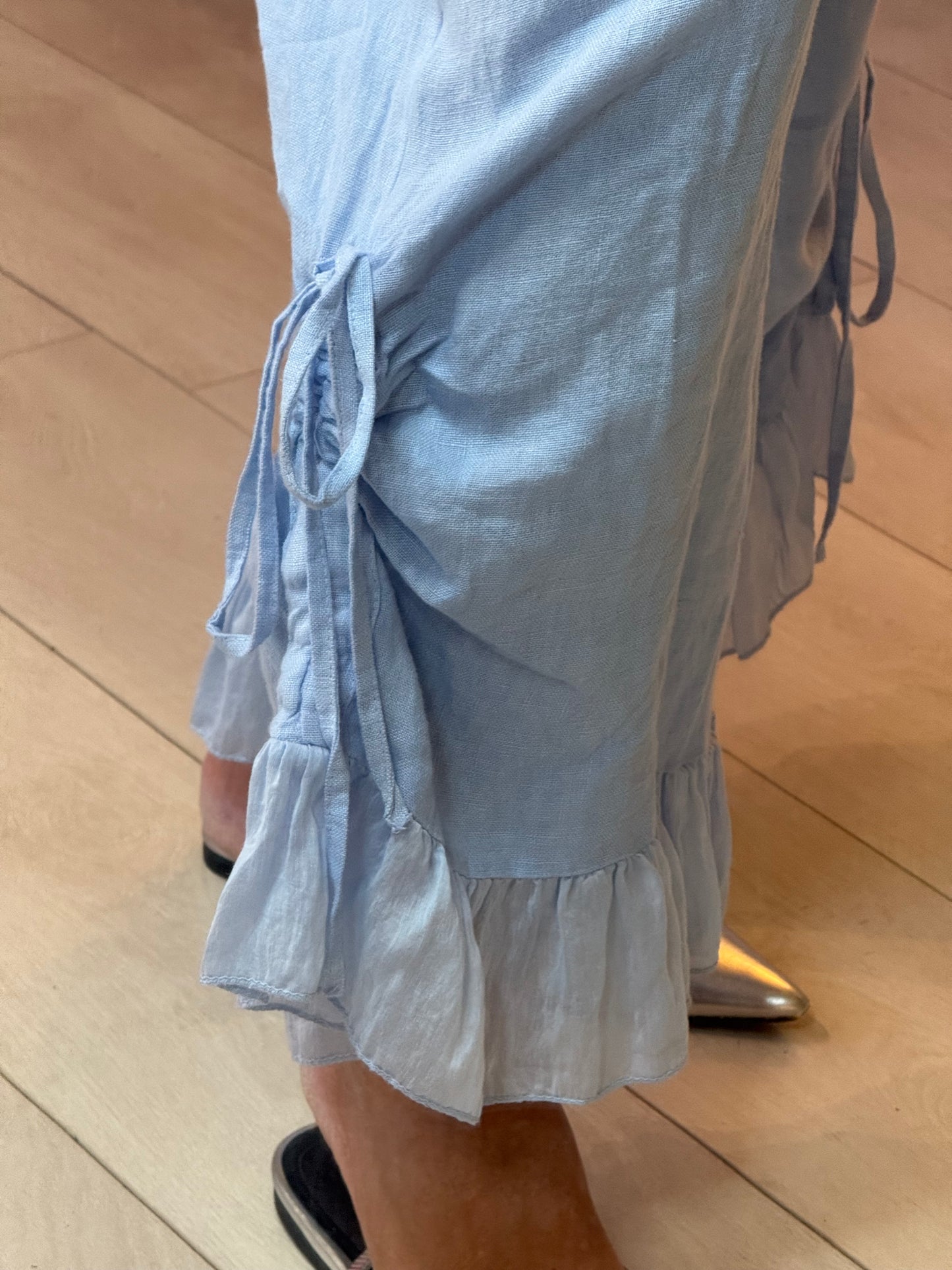 Sky Shimmer Ruffle Hem Linen Trousers | One Size 8-16 (Small 18)